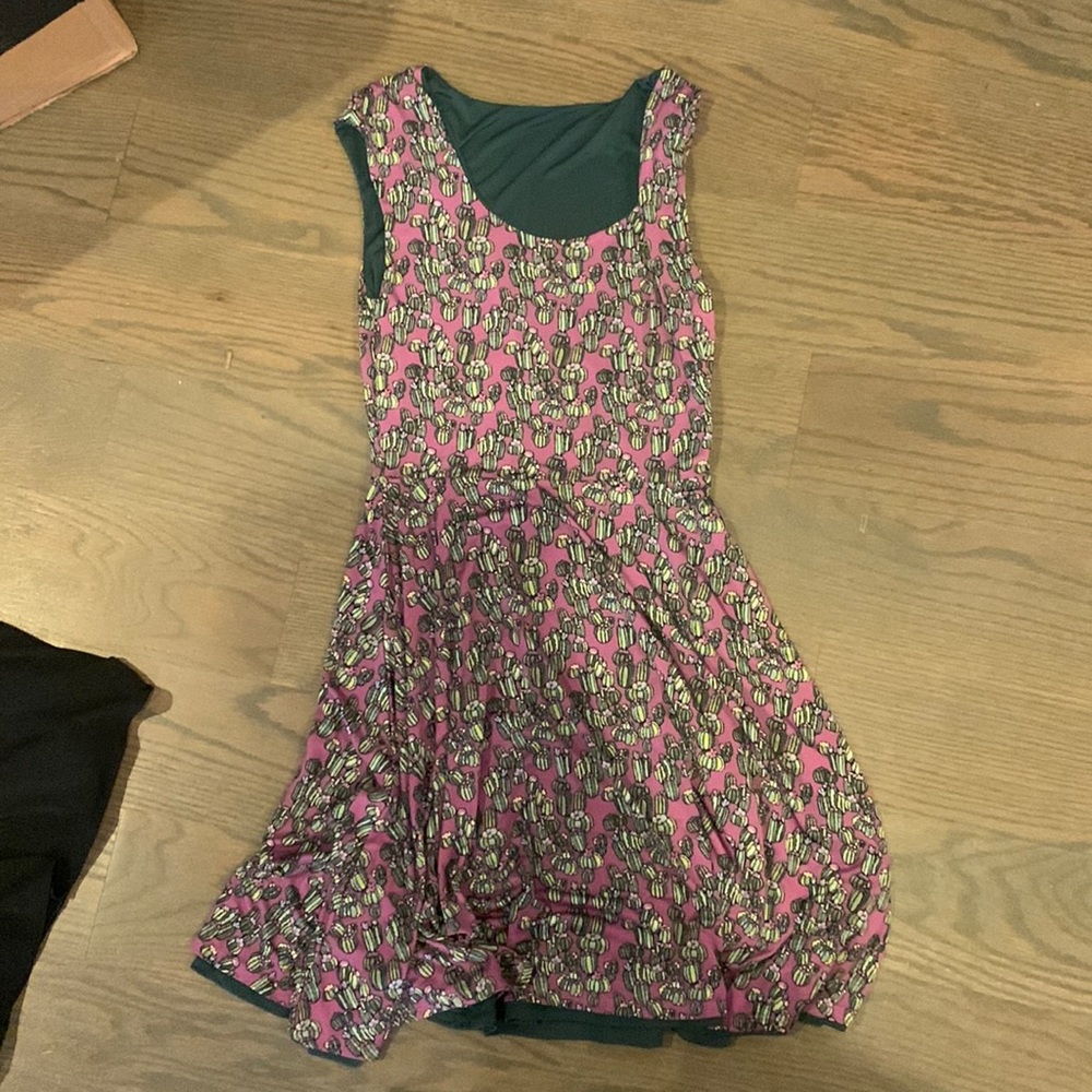 Betabrand reversible dress in green and purple cactus